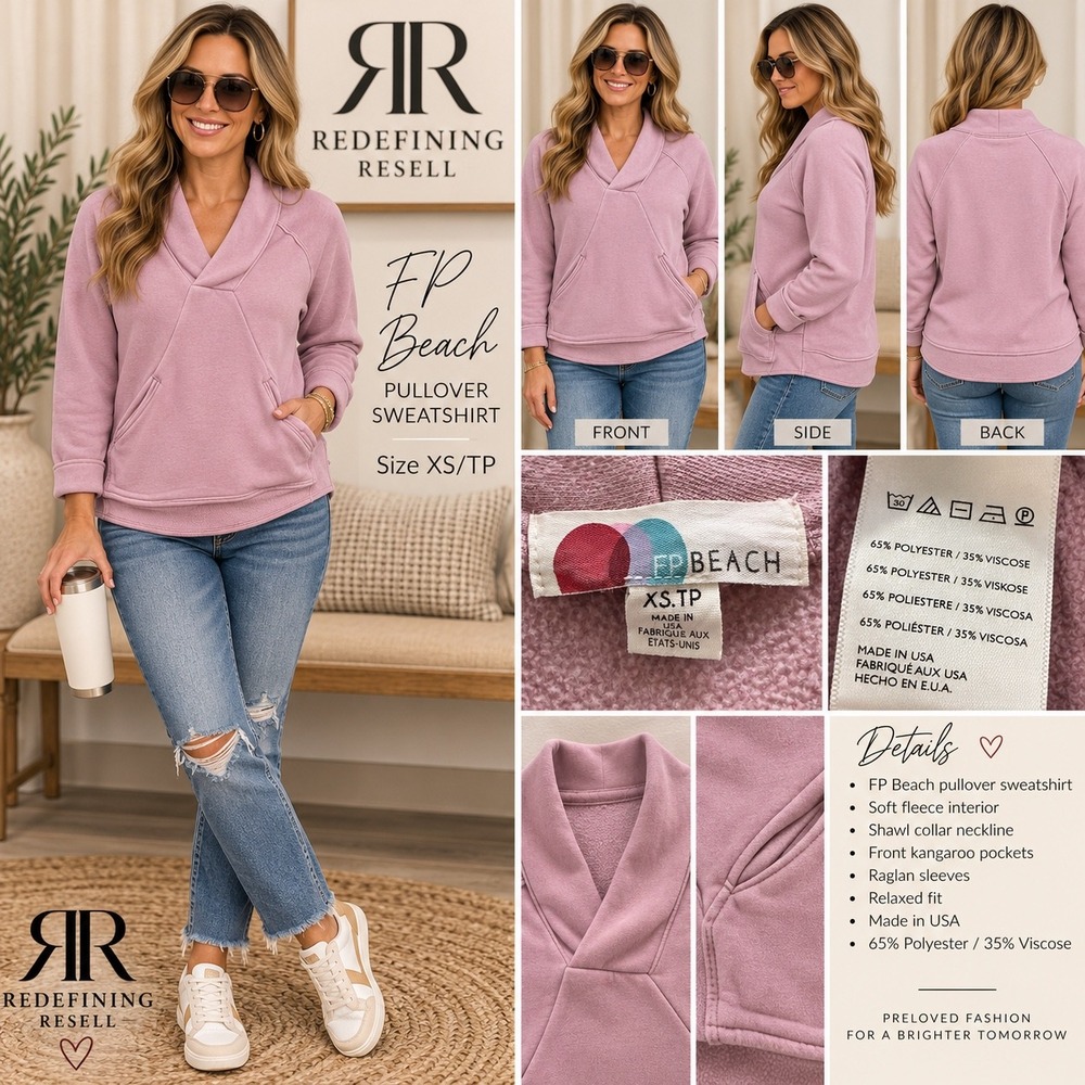 Free People FP Beach Shawl Collar Pullover Sweatshirt Mauve Pink XS Relaxed Fit
